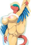  anthro archeops avian beak big_breasts blue_eyes blush bodily_fluids breasts claws female fossil_pok&eacute;mon fur genital_fluids genitals hi_res mellonsoda multicolored_body multicolored_fur nintendo nipples pok&eacute;mon pok&eacute;mon_(species) pussy pussy_juice simple_background smile solo video_games white_background yellow_body yellow_fur 