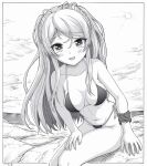  1girl alternate_costume bikini breasts collarbone conte_di_cavour_(kancolle) greyscale h2_(h20000000) kantai_collection large_breasts long_hair monochrome navel side-tie_bikini sitting solo string_bikini swimsuit two_side_up 