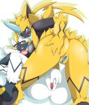  anthro blue_eyes blush bodily_fluids breasts claws duo fangs felid female female/female fur genitals hi_res legendary_pok&eacute;mon mammal mellonsoda nintendo nipples nude pok&eacute;mon pok&eacute;mon_(species) pussy sweat tongue video_games white_body white_fur yellow_body yellow_fur zeraora 