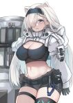  1girl animal_ears arknights aurora_(arknights) bear_ears black_gloves black_hairband black_shirt black_shorts blue_eyes breasts cleavage commentary_request covered_nipples cowboy_shot crop_top gloves hair_over_one_eye hairband infection_monitor_(arknights) large_breasts long_hair looking_at_viewer midriff navel parted_lips pouch shirt short_shorts shorts shrug_(clothing) silver_hair simple_background smile solo standing stomach taut_clothes taut_shirt thigh_strap thighs very_long_hair white_background yuzuruka_(bougainvillea) 
