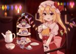  4girls ascot bangs bat_wings blonde_hair blush bow bowl buttons candle candlestand chair chibi closed_eyes closed_mouth commentary_request cup fang flandre_scarlet food frilled_shirt_collar frills hat hat_bow hat_ribbon highres horizontal_pupils kagiyama_hina looking_at_another looking_at_viewer macaron mob_cap multiple_girls one_side_up open_mouth plate red_bow red_eyes red_ribbon red_skirt red_vest remilia_scarlet ribbon saucer sharp_teeth shirt siblings side_ponytail sidelocks silver_hair sisters sitting skirt slit_pupils spork standing subaru_(subachoco) sugar_cube table tablecloth teacup teapot teeth touhou toutetsu_yuuma vest white_headwear white_shirt wings wrist_cuffs yellow_ascot 