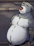  2021 anthro baloo belly blue_eyes bottomwear bound clothing detailed_background disney hi_res k-9 male mammal moobs navel nipples overweight overweight_male pants rope solo talespin ursid 