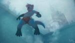  2019 anthro being_watched clothing collar digital_media_(artwork) diving fur group hi_res iztli looking_at_another lutrine male mammal membrane_(anatomy) mustelid navel pawpads public ritt_(character) solo_focus speedo swimming swimming_pool swimwear underwater wardrobe_malfunction water webbed_feet 