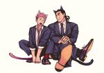  2boys animal_ears black_hair black_necktie black_suit cat_boy cat_ears cat_tail foreshortening formal grin itadori_yuuji jujutsu_kaisen kemonomimi_mode looking_at_another male_focus multiple_boys muscular muscular_male necktie pink_hair sharp_teeth short_hair sideburns sitting smile spiked_hair striped_necktie tail teeth toudou_aoi_(jujutsu_kaisen) undercut youhe_hino 