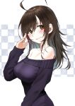  1girl ahoge bangs bare_shoulders black_sweater blush breasts brown_hair collarbone commentary_request contemporary from_side grey_background hand_up highres izawa_koushi kono_subarashii_sekai_ni_shukufuku_wo! large_breasts long_hair long_sleeves off-shoulder_sweater off_shoulder revision smile solo sweater two-tone_background wiz_(konosuba) 