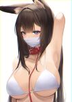  1girl absurdres amagi_(azur_lane) animal_ear_fluff animal_ears arm_behind_head armpits azur_lane belt_collar bikini breasts brown_hair character_request collar eyebrows_visible_through_hair eyeshadow fox_ears highres large_breasts leash long_hair looking_at_viewer lordol makeup mask mouth_mask purple_eyes short_eyebrows simple_background solo swimsuit upper_body wet white_background white_bikini 