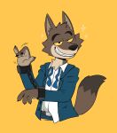 2021 anthro black_zork brown_body brown_fur canid canine canis clothing digital_media_(artwork) dreamworks fur hi_res male mammal mr._wolf_(the_bad_guys) simple_background solo tan_body the_bad_guys topwear wolf yellow_eyes 