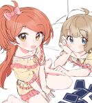  2girls :d :t absurdres ahoge arm_rest bangs barefoot bed_sheet between_legs blue_eyes blunt_bangs blunt_ends blush bow card clenched_hand closed_mouth collarbone dot_nose drawstring elbow_rest eyebrows_visible_through_hair eyes_visible_through_hair floral_print frilled_sleeves frills from_above from_side hair_bow hand_between_legs head_rest highres idolmaster idolmaster_million_live! indoors light_brown_hair long_hair looking_at_viewer looking_to_the_side looking_up lying lying_card matching_outfit meeeeeeco359 multiple_girls on_bed on_stomach one_side_up oogami_tamaki open_mouth orange_eyes pajamas pink_bow playing_card puffy_short_sleeves puffy_sleeves red_hair short_hair short_sleeves sitting sleepover sleepwear smile suou_momoko swept_bangs v_arms wariza 