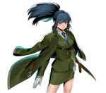  1girl alternate_costume bangs blue_eyes blue_hair clenched_hand earrings formal gloves hand_on_hip jacket jacket_on_shoulders jacket_removed jewelry leona_heidern metal_slug_attack necktie official_art ponytail senno_aki simple_background skirt skirt_suit solo suit the_king_of_fighters triangle_earrings white_background white_gloves 