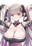  1girl azur_lane bare_shoulders between_breasts breasts cleavage detached_collar dress formidable_(azur_lane) frilled_dress frills gothic_lolita grey_hair hands_in_hair highres large_breasts lolita_fashion long_hair looking_at_viewer neckerchief red_eyes ribbon schreibe_shura simple_background solo twintails two-tone_dress upper_body very_long_hair white_background 