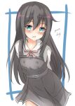  1girl arms_behind_back asashio_(kancolle) bangs black_dress black_hair blue_eyes blush bow collared_shirt commentary_request dakkusu dated dress eyebrows_visible_through_hair hair_between_eyes highres kantai_collection long_hair looking_at_viewer one-hour_drawing_challenge open_mouth pinafore_dress pink_bow remodel_(kantai_collection) shirt signature sleeveless sleeveless_dress solo very_long_hair white_background white_shirt 