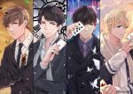  4boys ace_of_diamonds bai_qi_(love_and_producer) black_gloves black_hair black_necktie black_suit blonde_hair blue_eyes brown_eyes brown_hair bug butterfly card clock dual_wielding english_commentary formal gloves grey_necktie hand_up highres holding holding_card jack_of_hearts jacket joker_(card) li_zeyan long_sleeves looking_at_viewer love_and_producer male_focus mo_xu multiple_boys necktie playing_card rinmidori147 short_hair suit white_butterfly zhou_quiluo 