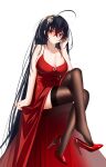  1girl absurdly_long_hair absurdres azur_lane bare_shoulders black_hair black_legwear breasts cat_(yidsv) cleavage cocktail_dress dress evening_gown hair_between_eyes hair_ornament high_heels highres huge_breasts lace-trimmed_legwear lace_trim long_hair looking_at_viewer official_alternate_costume red_dress red_eyes red_footwear ruby_(gemstone) shoe_dangle shoes simple_background sleeveless sleeveless_dress taihou_(azur_lane) taihou_(forbidden_feast)_(azur_lane) thighhighs very_long_hair white_background 