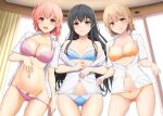  3girls :q absurdres ass_visible_through_thighs black_hair blue_bra blue_eyes blue_panties blush bra breasts clothes_lift collarbone commentary_request curtains groin highres inanaki_shiki isshiki_iroha large_breasts lifted_by_self light_brown_hair long_hair looking_at_viewer medium_breasts multiple_girls navel open_clothes open_mouth open_shirt orange_bra orange_panties panties panty_pull pink_bra pink_hair pink_panties pulled_by_self raised_eyebrows red_eyes ribbon school_uniform shirt short_hair shy small_breasts thigh_gap thighs tongue tongue_out underwear very_long_hair wavy_mouth white_shirt window yahari_ore_no_seishun_lovecome_wa_machigatteiru. yellow_eyes yuigahama_yui yukinoshita_yukino 