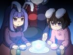  3girls :| animal_ears black_hair bowl breasts buttons cherenkov_radiation closed_mouth commentary cube empty_eyes glowing head_out_of_frame inaba_tewi jitome large_breasts long_hair long_sleeves multiple_girls open_mouth plate purple_hair rabbit_ears reisen_udongein_inaba rice shirosato short_hair smile touhou tray triangle_mouth yagokoro_eirin 
