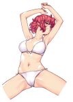  1girl armpits arms_up ass bikini blush breasts cameltoe censored clenched_teeth hamada_yoshikazu highres navel red_eyes red_hair short_hair simple_background solo spread_legs sumeragi_sunao swimsuit teeth tsugumomo white_background white_bikini 