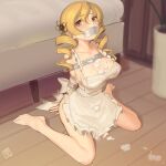  1girl apron arms_behind_back bangs bare_shoulders blonde_hair blush breasts cleavage collarbone drill_hair feet gag highres kaddo large_breasts long_hair looking_at_viewer mahou_shoujo_madoka_magica naked_apron restrained sitting solo tape tomoe_mami twin_drills wariza white_apron yellow_eyes 