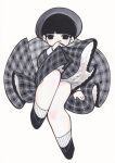  1girl ankle_socks bangs beret blunt_bangs covered_mouth dress earrings frills gingham greyscale hat holding holding_clothes holding_skirt jewelry kirara_yakubou leg_lift monochrome original petticoat shoes short_hair skirt skirt_hold solo traditional_media 