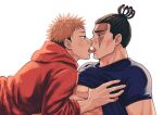  2boys black_hair blush clothes_lift couple eye_contact french_kiss from_side hood hood_down hoodie itadori_yuuji jujutsu_kaisen kiss looking_at_another male_focus multiple_boys muscular muscular_male orange_hoodie pink_hair purple_shirt shirt shirt_lift short_hair sideburns smile spiked_hair tongue tongue_out toudou_aoi_(jujutsu_kaisen) undercut underpec white_background yaoi youhe_hino 