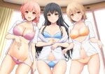  3girls :q absurdres ass_visible_through_thighs black_hair blue_bra blue_eyes blue_panties blush bra breasts clothes_lift collarbone commentary_request curtains groin highres inanaki_shiki isshiki_iroha large_breasts lifted_by_self light_brown_hair long_hair looking_at_viewer medium_breasts multiple_girls navel open_clothes open_mouth open_shirt orange_bra orange_panties panties panty_pull pink_bra pink_hair pink_panties pulled_by_self raised_eyebrows red_eyes ribbon school_uniform shirt short_hair shy small_breasts sweat thigh_gap thighs tongue tongue_out underwear very_long_hair wavy_mouth wet white_shirt window yahari_ore_no_seishun_lovecome_wa_machigatteiru. yellow_eyes yuigahama_yui yukinoshita_yukino 