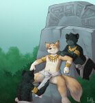  2019 anthro bottomwear bryce_(lonewolfhowling) canid canine canis chair clothing digital_media_(artwork) dingo eyes_closed felid forest furniture gold_(metal) gold_jewelry group hi_res iztli jaguar jewelry loincloth male mammal necklace pantherine plant royalty servant servants shaded sitting smile throne tree tribal 