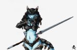  anthro armor bedroom_eyes blue_body breasts cobra curvy_figure ewgengster_(artist) female green_eyes horn looking_at_viewer melee_weapon narrowed_eyes reptile scalie seductive simple_background snake snake_hood solo solo_focus sword tail useless_armor weapon wide_hips 