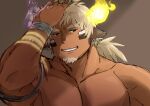  1boy absurdres animal_ears armlet bara cow_boy cow_ears cow_horns evil_smile facepaint facial_hair forked_eyebrows goatee hand_on_own_head highres horns large_pectorals long_hair long_sideburns looking_at_viewer male_focus mismatched_horns muscular muscular_male nude pectorals ponytail sideburns smile solo thick_eyebrows tokyo_afterschool_summoners tsuk8454 upper_body wakan_tanka wakan_tanka_mugen 