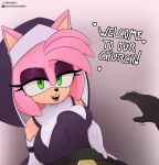  2021 5_fingers amy_rose anthro berkthejerk big_breasts black_nose breasts clothing dialogue duo english_text eulipotyphlan faceless_character faceless_male female fingers green_eyes hedgehog hi_res looking_at_viewer male mammal sega sonic_the_hedgehog_(series) talking_to_viewer text 