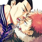  2boys alternate_costume black_hair casual close-up couple face imminent_kiss itadori_yuuji jujutsu_kaisen light_blush male_focus multiple_boys muscular muscular_male pink_hair short_hair sideburns smile spiked_hair sweatdrop toudou_aoi_(jujutsu_kaisen) undercut yaoi youhe_hino zipper 