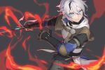  1boy adventurer_ras armor belt bis black_belt blue_eyes clenched_teeth epic_seven fire gloves grey_background highres holding holding_sword holding_weapon rass_elclare red_pupils silver_hair simple_background solo sword teeth weapon 