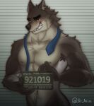  2021 absurd_res anthro black_eyebrows black_nose blue_necktie blush brown_body brown_fur canid canine canis chart cheek_tuft chest_tuft clothed clothing digital_media_(artwork) digital_painting_(artwork) eyebrows facial_tuft fur grin head_tuft height_chart hi_res inner_ear_fluff male mammal mr._wolf_(the_bad_guys) necktie nipples signature sir_arion smile smug solo tan_body tan_fur the_bad_guys topless tuft untied_necktie wolf yellow_eyes 
