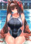  1girl animal_ears bangs bare_shoulders black_swimsuit blush bow breasts brown_hair collarbone competition_swimsuit covered_navel daiwa_scarlet_(umamusume) hair_bow hair_intakes highleg highleg_swimsuit highres horse_ears horse_girl horse_tail kawai large_breasts long_hair looking_at_viewer one-piece_swimsuit parted_lips pool poolside red_bow red_eyes sitting solo swimsuit tail thighs tiara twintails umamusume very_long_hair wet whistle whistle_around_neck 