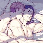  2boys alternate_hairstyle bed_sheet black_hair couple cuddling itadori_yuuji jujutsu_kaisen kiss kissing_neck large_pectorals lying male_focus multiple_boys muscular muscular_male naked_sheet nipples on_bed on_side pectorals pillow pink_hair short_hair sideburns smile spiked_hair sunlight toudou_aoi_(jujutsu_kaisen) undercut upper_body yaoi youhe_hino 