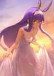  1girl animal_ears bag bangs breasts commentary dark-skinned_female dark_skin dress earrings egyptian facepaint facial_mark fate/grand_order fate_(series) hair_between_eyes hairband highres hoop_earrings jackal_ears jewelry looking_at_viewer medium_breasts nitocris_(fate) otsukemono purple_eyes purple_hair sidelocks solo 