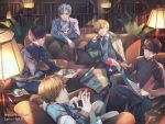  5boys absurdres alcohol bai_qi_(love_and_producer) bangs blonde_hair blue_eyes book bookshelf briefcase brown_eyes brown_hair chinese_clothes couch cup drinking_glass earrings formal gloves highres holding holding_cup holding_pen jewelry lamp leaning_forward li_zeyan ling_xiao long_sleeves looking_at_viewer love_and_producer mo_xu monocle multiple_boys necktie paper pen polo_shirt purple_eyes purple_hair rabbitcamilla shirt short_hair sitting table teacup vest white_gloves white_necktie white_shirt white_vest wine wine_glass yellow_eyes zhou_quiluo 