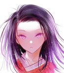  1girl :o black_hair breasts close-up collarbone commentary drawing eyelashes fhilippedu forehead kamado_nezuko kimetsu_no_yaiba large_breasts long_hair looking_at_viewer multicolored_hair open_mouth pink_eyes pink_hair purple_hair shaded_face simple_background slit_pupils solo sparkle white_background 