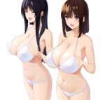  2girls :d absurdres bangs bare_arms bikini black_hair breast_hold breasts brown_eyes brown_hair cleavage collarbone covered_nipples cowboy_shot eyebrows_visible_through_hair hair_between_eyes highres large_breasts long_hair marui_koishi medium_breasts multiple_girls navel open_mouth original revision simple_background smile standing stomach swimsuit white_background white_bikini 