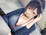  1girl :d absurdres bangs black_hair blue_shirt blush breasts cleavage collarbone computer desk eyebrows_visible_through_hair grey_eyes hand_on_headset headset highres huge_breasts indoors laptop long_sleeves mouse_(computer) non-web_source oekakizuki open_mouth original shirt sidelocks sitting smile solo teeth tile_floor tiles 