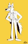  2021 anthro brown_body brown_fur canid canine canis clothing curritoss digital_media_(artwork) dreamworks fur hi_res male mammal mr._wolf_(the_bad_guys) simple_background solo the_bad_guys topwear wolf yellow_background yellow_eyes 