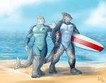  2018 anthro clothing duo fish hi_res iztli looking_at_viewer male marine sand sea shark signature smile surfboard water 