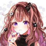  1girl absurdres bangs black_bow black_shirt blush bow brown_hair commentary flower hair_bow hair_flower hair_ornament hands_up highres long_hair looking_at_viewer nail_polish original parted_lips portrait puracotte purple_eyes purple_nails shirt solo tearing_up 