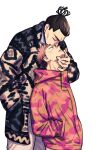  2boys alternate_costume black_hair blush couple feet_out_of_frame grabbing_another&#039;s_chin hand_on_another&#039;s_chin itadori_yuuji jacket jujutsu_kaisen kiss kissing_forehead male_focus multiple_boys pink_hair pink_jacket short_hair sideburns smile spiked_hair toudou_aoi_(jujutsu_kaisen) undercut white_background yaoi youhe_hino 