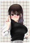  1girl bangs bespectacled black_vest blush border breasts brown_hair closed_mouth commentary_request contemporary glasses grey_shirt hand_up highres izawa_koushi kono_subarashii_sekai_ni_shukufuku_wo! large_breasts long_sleeves medium_hair plaid plaid_background red_eyes revision round_eyewear shiny shiny_hair shirt shirt_tucked_in skirt solo vest white_border yunyun_(konosuba) 