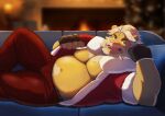  2021 absurd_res anthro arkross1999 belly bottomwear bulge clothing costume detailed_background felid furniture hi_res humanoid_hands inside kemono lion lying male mammal mature_male moobs navel overweight overweight_male pantherine pants santa_costume sofa solo 