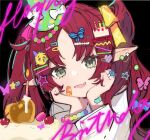  acidear apple arknights bandaid bandaid_on_face cake candle cherry earrings food fruit golden_apple green_eyes hair_ornament hat head_on_hand highres jewelry looking_at_viewer myrtle_(arknights) pointy_ears red_hair ring smile 