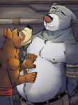  2021 anthro baloo belly belly_rub black_nose blue_eyes bottomwear bound brown_body brown_fur canid canine canis clothing disney don_karnage duo fur grey_body grey_fur hi_res k-9 male mammal moobs nipples overweight overweight_male pants rope talespin ursid wolf 