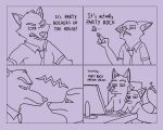  &lt;3 anthro arguing canid canine canis casual_nudity clothed clothing computer dialogue disney duo entwined_tails fox hi_res humor keyboard kodigozoot male male/male mammal meme mr._wolf_(the_bad_guys) nick_wilde nude party_rockers romantic romantic_couple simple_background tail_coil topless wolf zootopia 