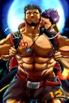 2boys abs alca animal_ears bara bare_pectorals beard behind_another black_hair black_shorts blush bulge chest_hair doro_rich facial_hair feet_out_of_frame full_moon gyee highres jewelry kiss kissing_neck large_pectorals lion_boy lion_ears lion_tail male_focus master_(gyee) mature_male moon multiple_boys muscular muscular_male navel necklace nipples no_shirt pectorals purple_hair reward_available short_hair shorts sleeveless sleeveless_jacket stomach tail thick_eyebrows yaoi zipper 