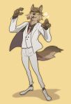  2021 anthro brown_body brown_fur canid canine canis clothing digital_media_(artwork) dreamworks fur hi_res kurumiken male mammal mr._wolf_(the_bad_guys) simple_background solo tan_body the_bad_guys topwear wolf yellow_eyes 