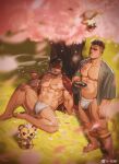  2boys abs alca animal_ears bara bare_pectorals beard black_hair borrowed_character bulge cherry_blossoms commission creature facial_hair falling_petals fundoshi highres japanese_clothes kimono large_pectorals lion_boy lion_ears lion_tail male_focus mature_male multiple_boys muscular muscular_male navel navel_hair nipples original pectorals petals pouty_lips red_kimono scar scar_on_chest short_hair short_kimono sideburns smoke smoking spread_legs stomach tail thick_eyebrows thick_thighs thighs tree undercut xian_miao 